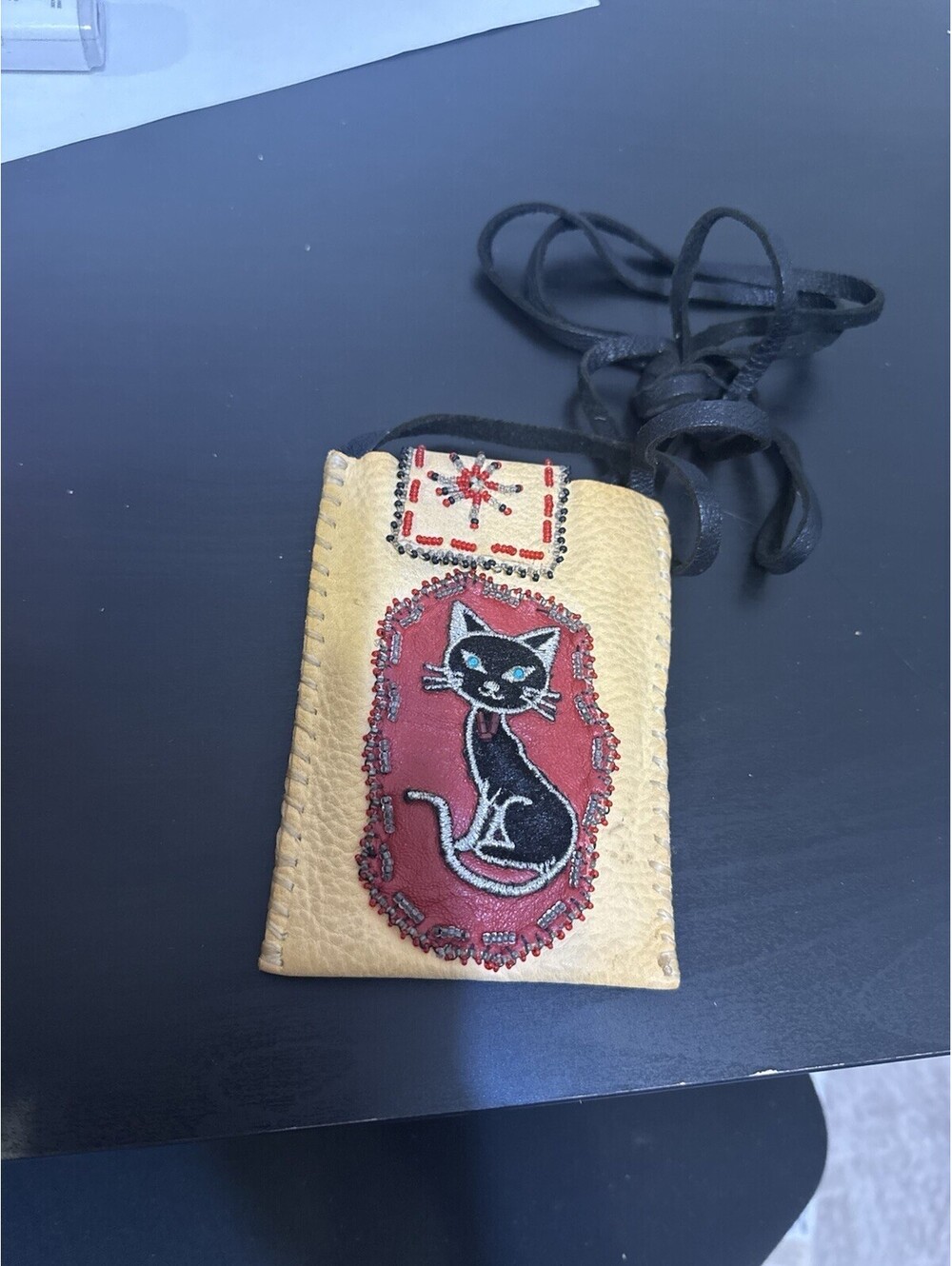 Handmade Leather Prayer Card Holder Beaded Cat Design Religious Pouch